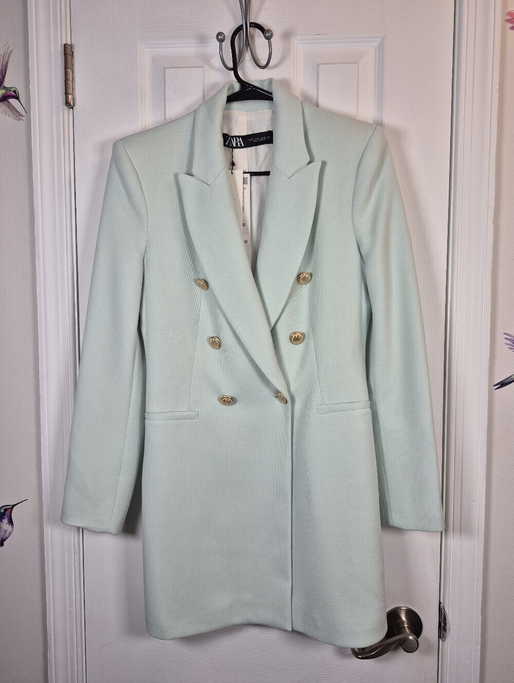 NWT Zara Double Breasted Blazer Dress Mint Aqua Gold Button Preppy Corpcore S